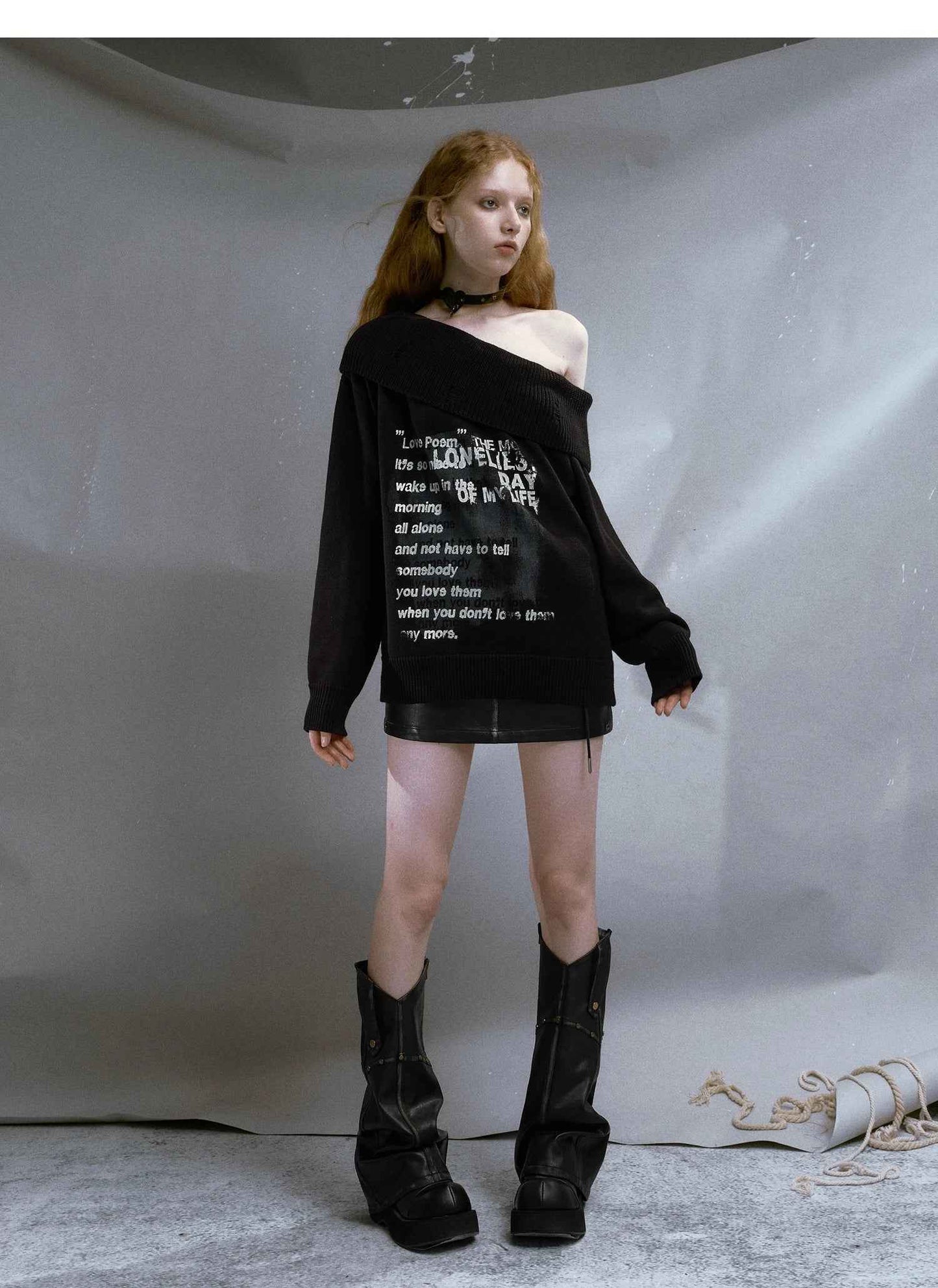 Vintage Grunge Aesthetics Off Shoulder Sweater