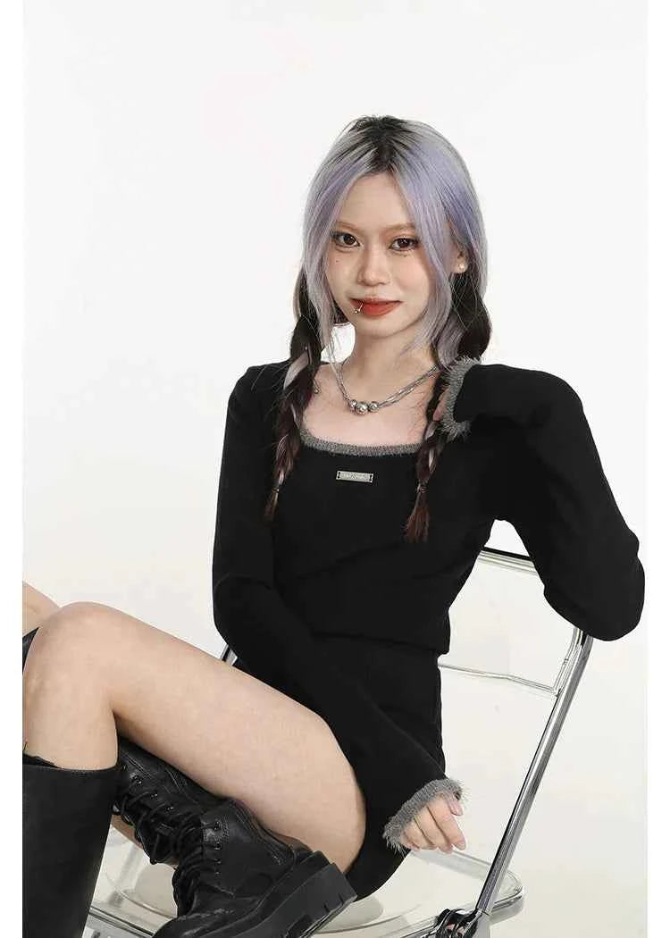 Sexy Black Sheath Knit Long T-Shirt