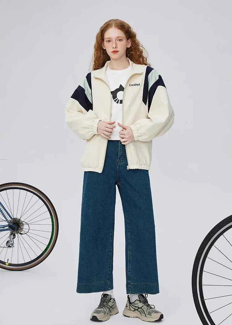 Warm Color Block Stand Collar Windbreaker Jacket