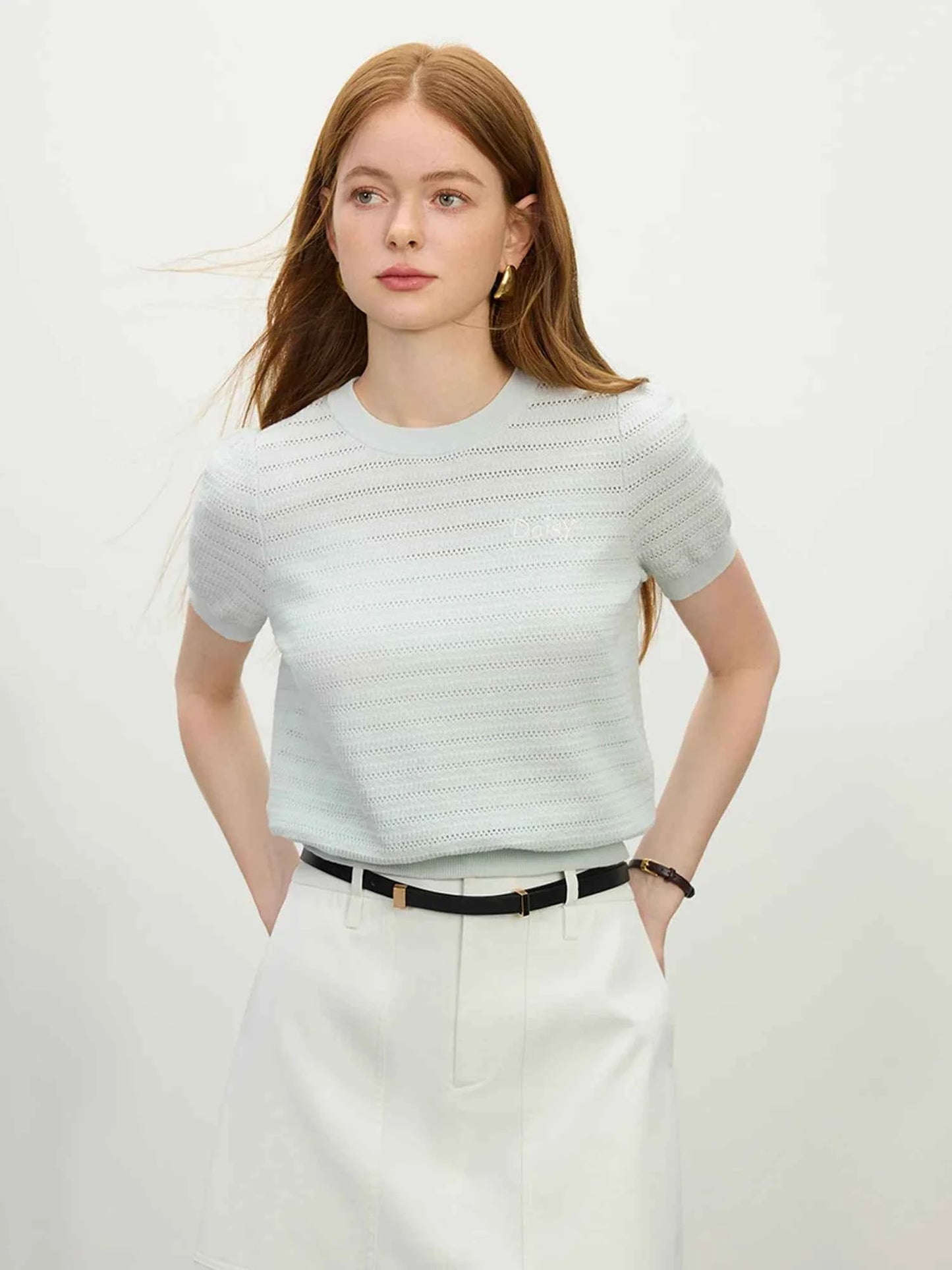 Women Hip Hop Versatile Hollow Texture Knitted T-Shirt