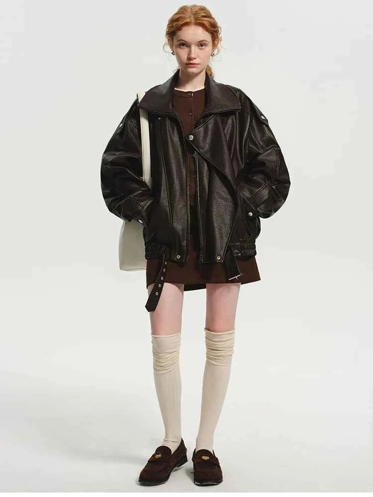Luxury Brown Oversized PU Leather Jacket