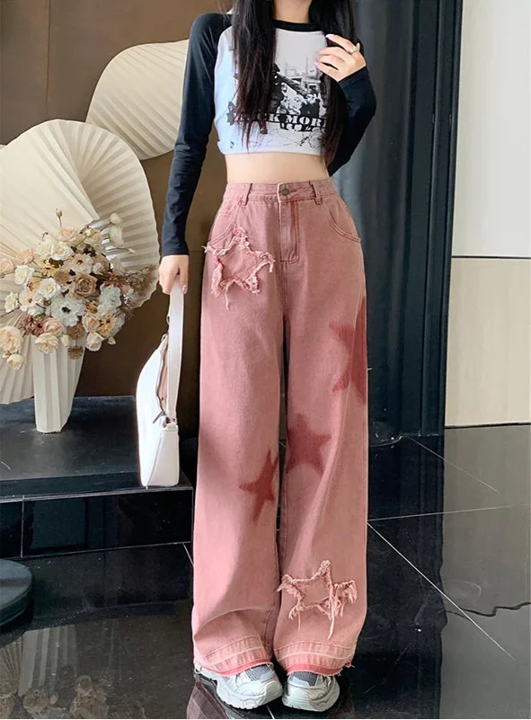 Women Star Pink Letters Printed High Waisted Jeans - Luxuryurbanwear