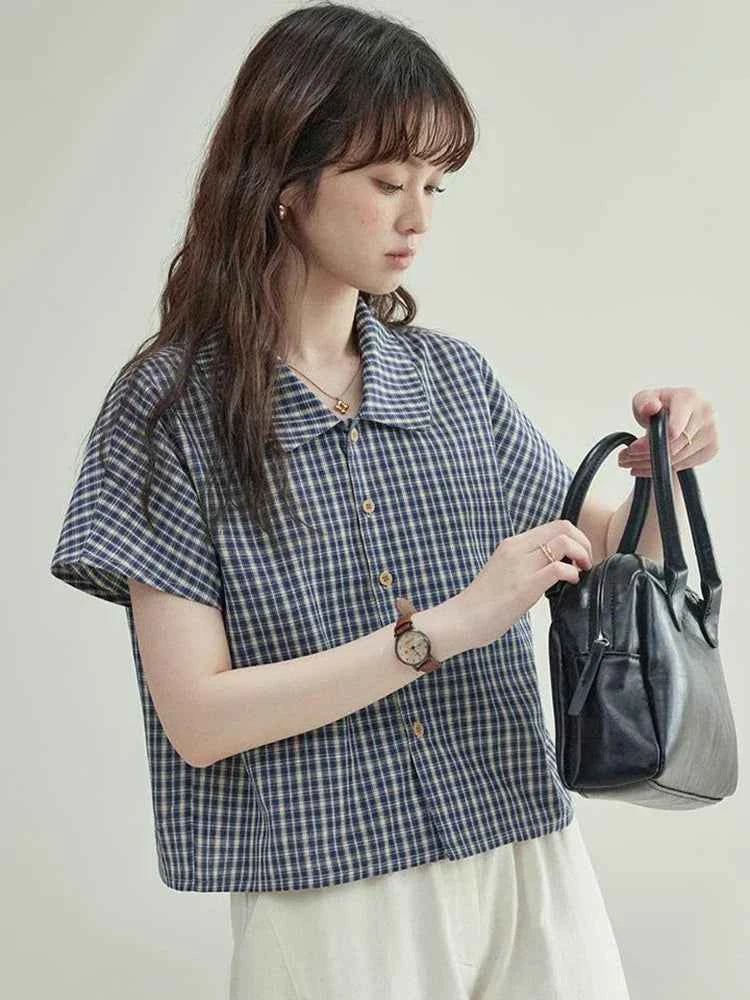Woemn Streetwear Vintage Plaid Loose Summer Blouse Shirt