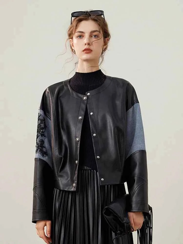 Classic Loose Black Patchwork PU Leather Jacket