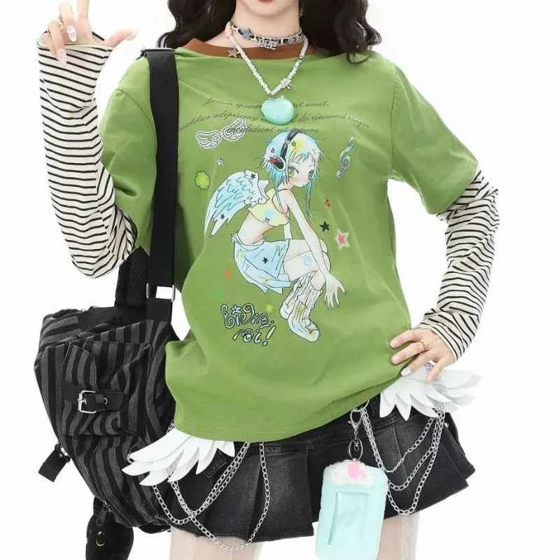 Sweet Autumn Fake Two Piece Cartoon Printed T-Shirt