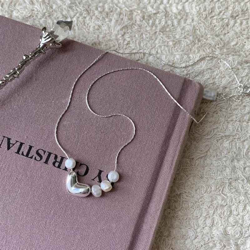 Women Cool Chic Silver Heart Pearl Necklace