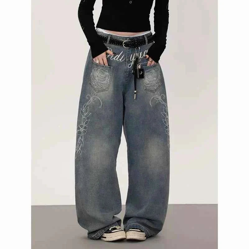 Flattering Y2K Japanese Baggy Blue Embroidered Jeans