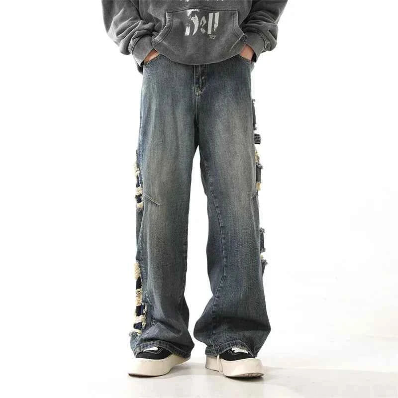Vintage Distressed Cutting Wide Leg Denim Jeans