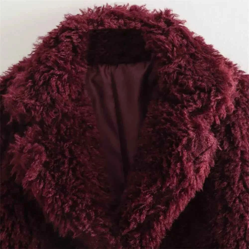 Y2K Comfortable Red Angora Faux Fur Jacket