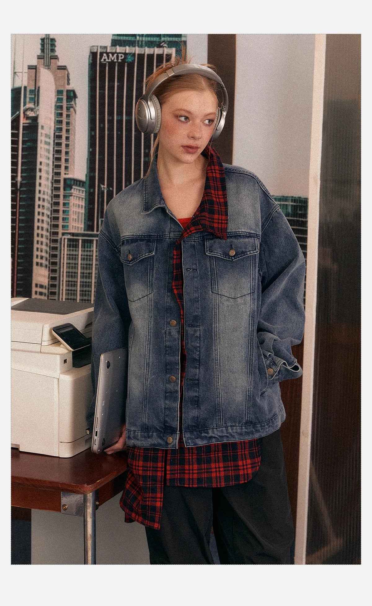 Women Cool Plaid Retro Denim Jacket