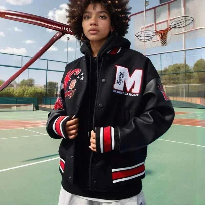 Men Retro Embroidered Leather Varsity Jacket