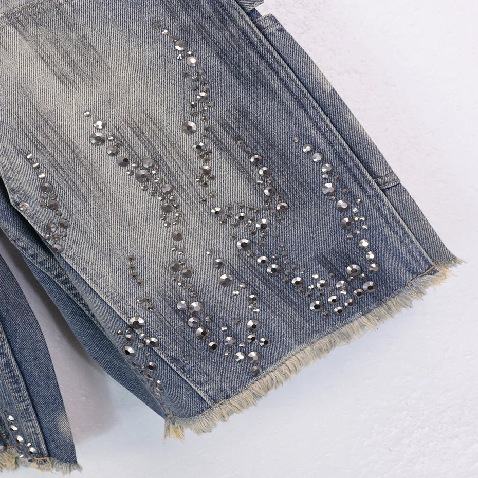 Fire Diamond Denim Rhinestone Shorts