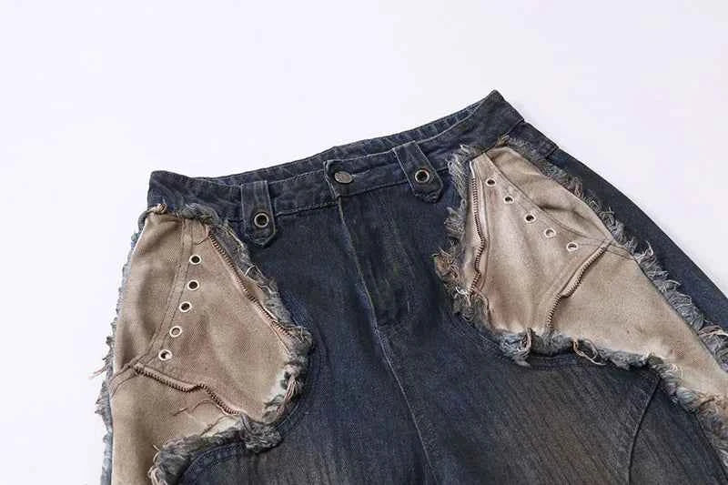 Vintage Ripped Washed Patchwork Denim Jeans