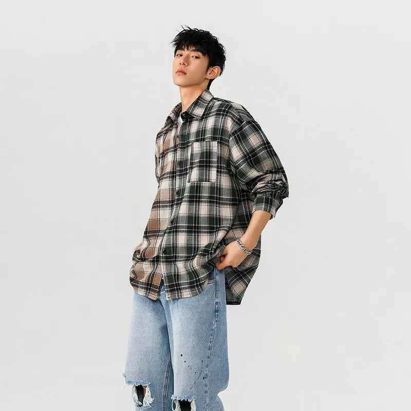 Streetwear Stylish Two Color Plaid Patchwork Cotton Long Shirt
