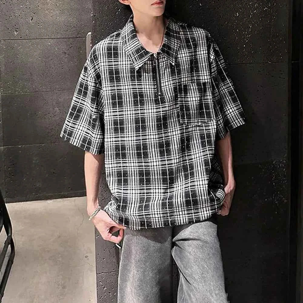 Diamond Plaid Half Zip Casual Shirt