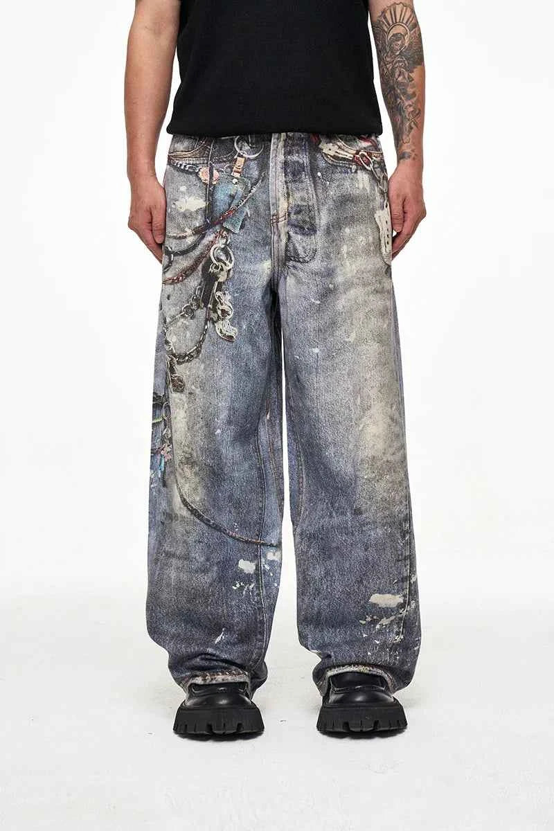 Elevated Luxury Loose Fit Digital Graffiti Jeans