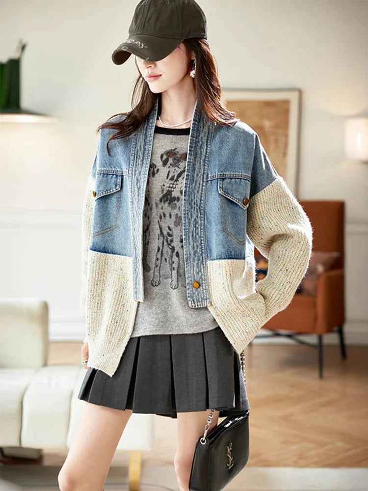 Oversized V-Neck Knitted Loose Denim Jacket