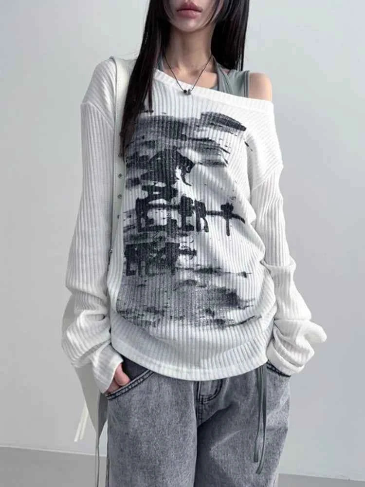 Sweet Grunge Collar Printing Long Sleeve T-Shirt