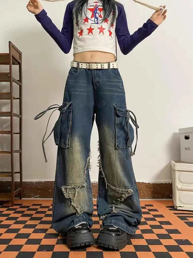 Women Retro Vintage Lace Up High Waist Jeans