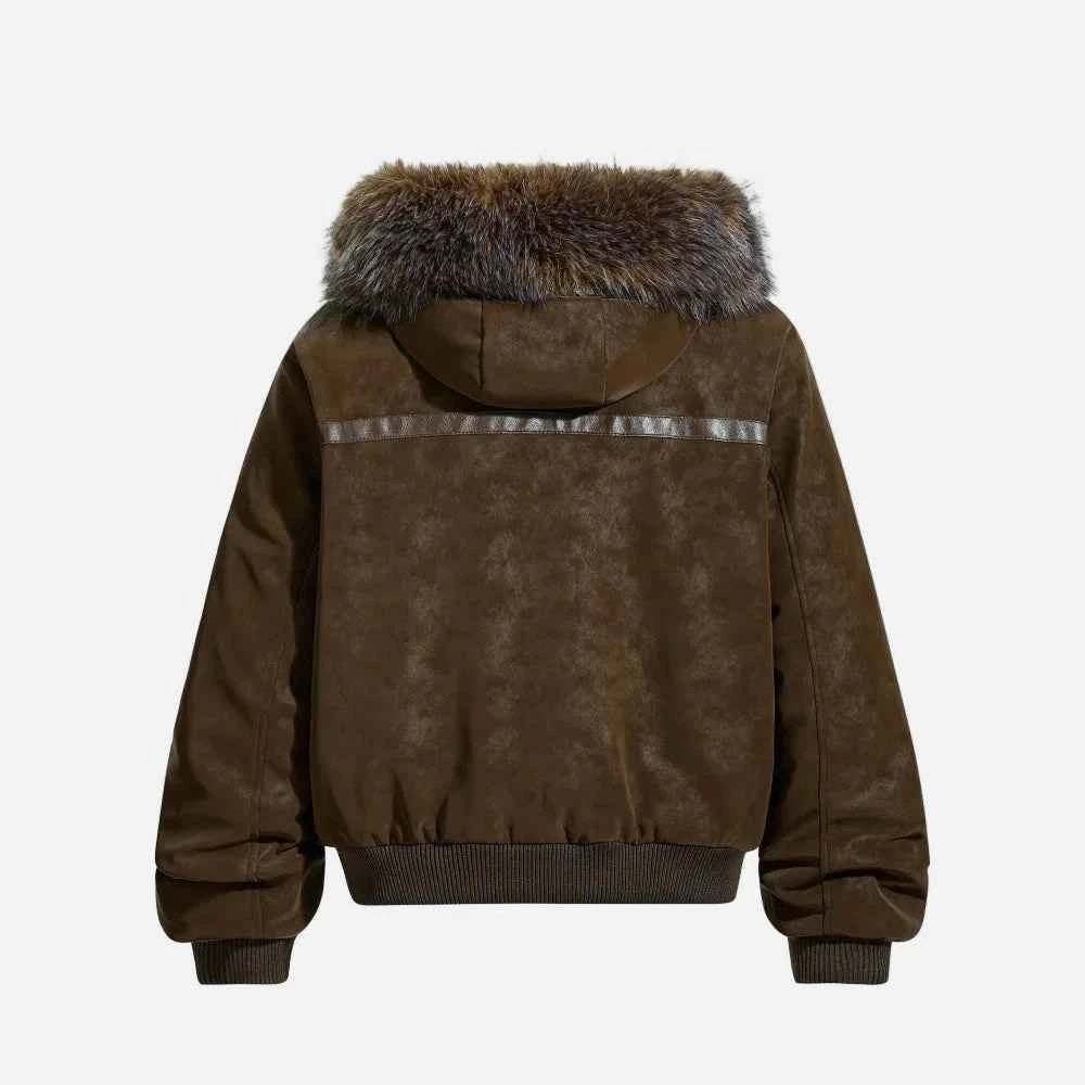 Fashionable Spliced Fur Hooded PU Leather Jacket
