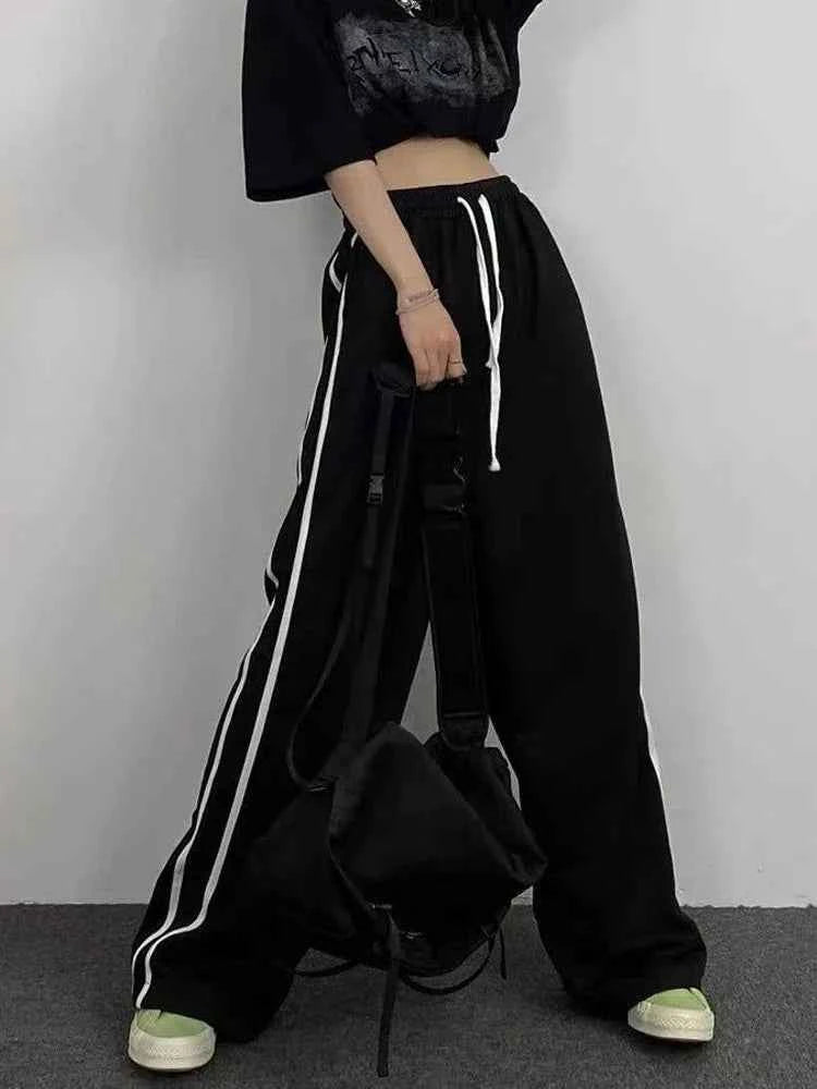 Women Vintage Striped High Waist Black Casual Pants