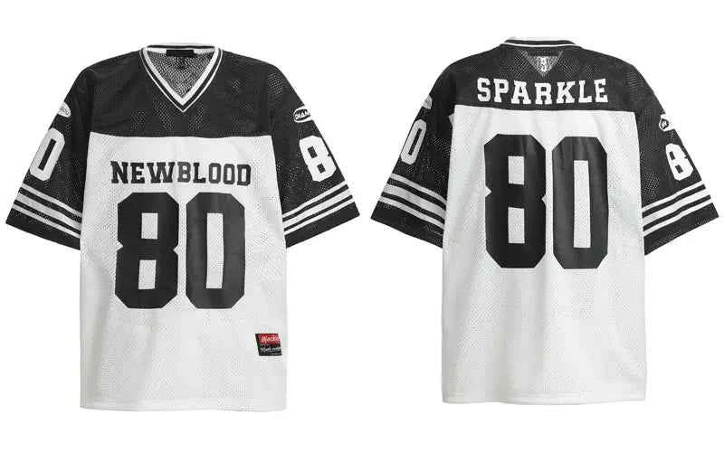 Breathable Patchwork Mesh V-Neck Collar Jersey T-Shirt
