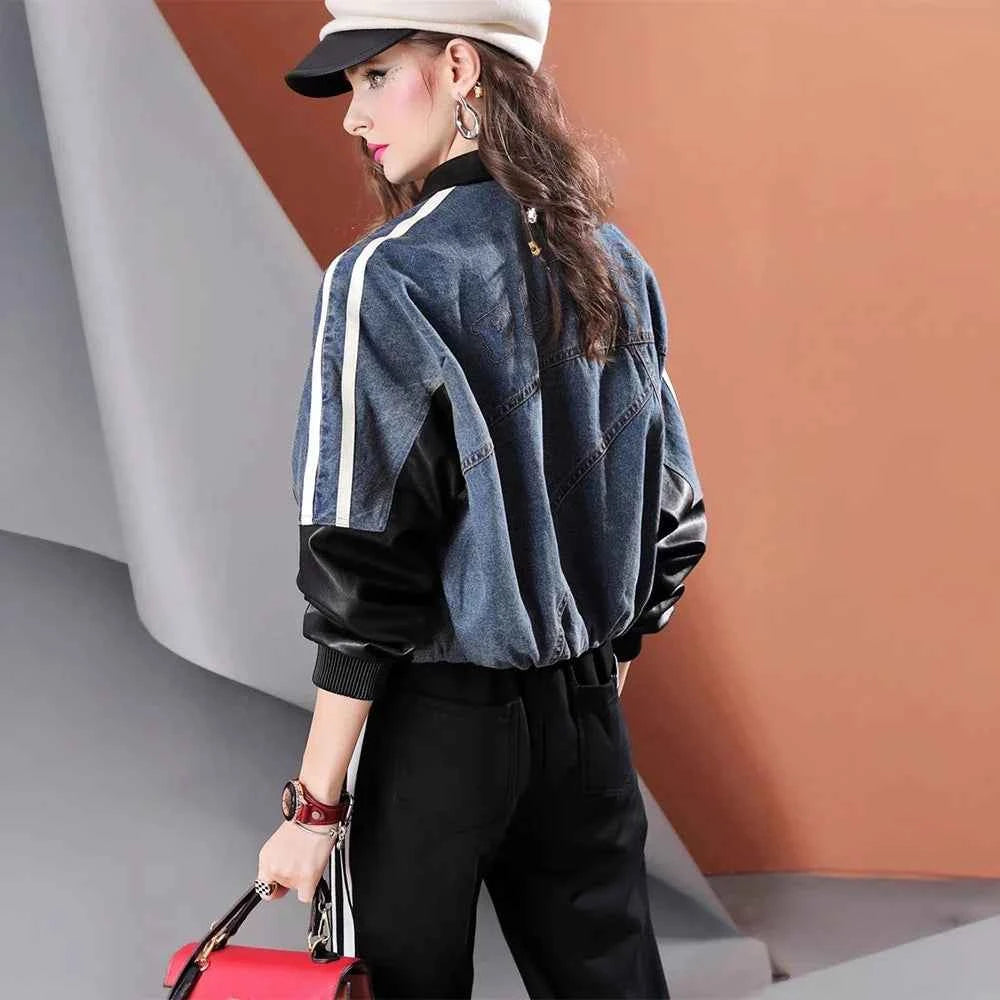 Autumn Loose Patchwork Denim & Leather Jacket
