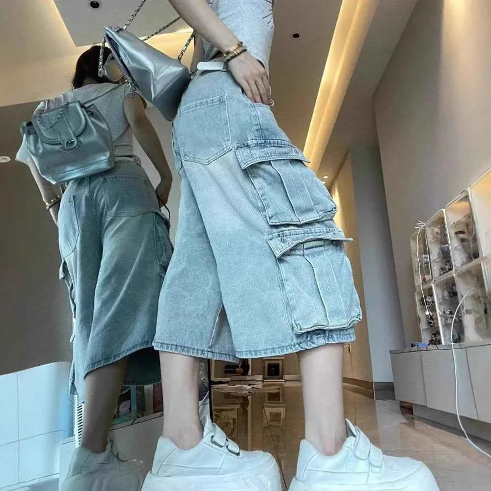 Streetwear Washed Denim Cargo Jorts