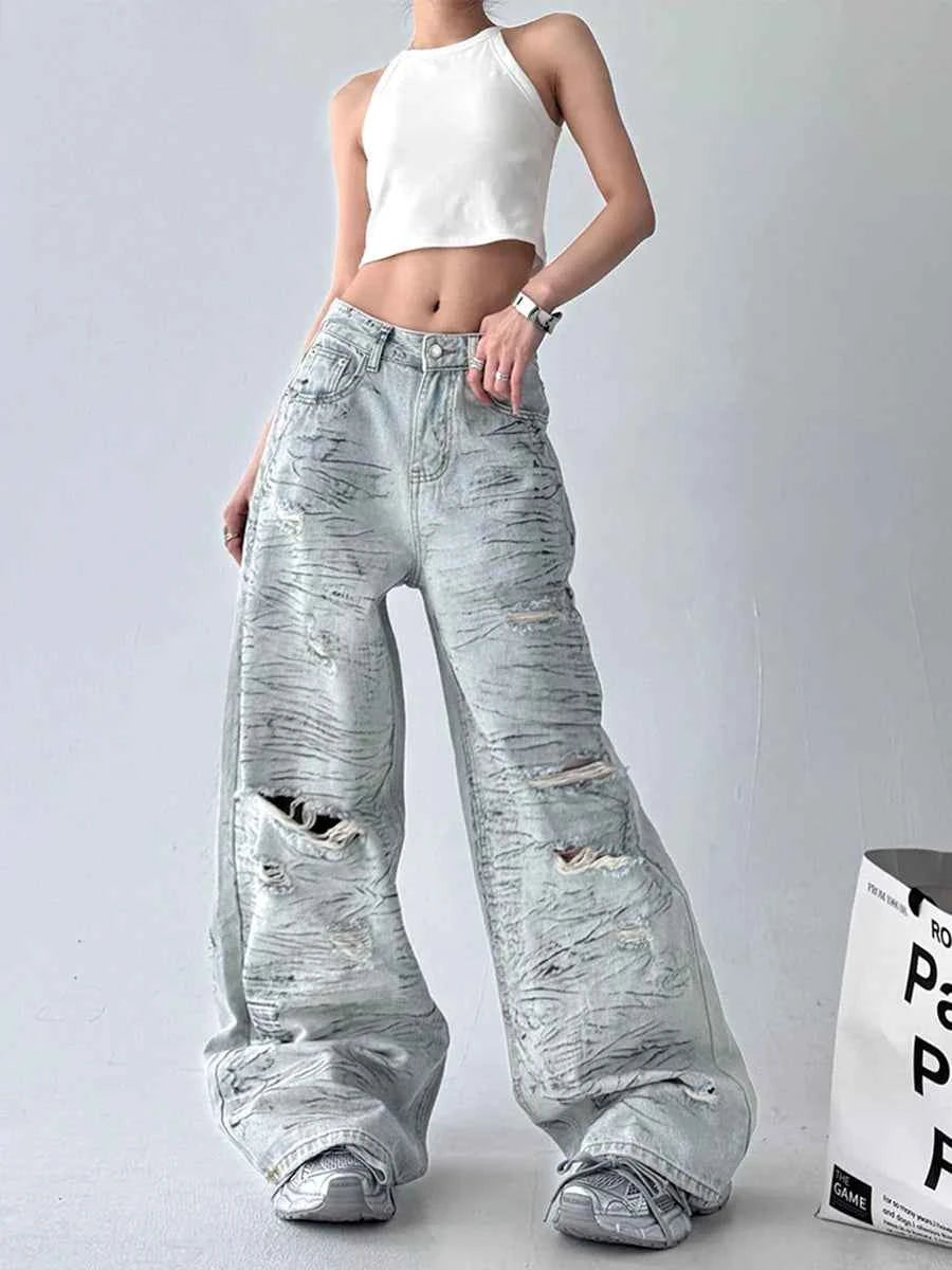 High Waist Spliced Hollow Out Jeans