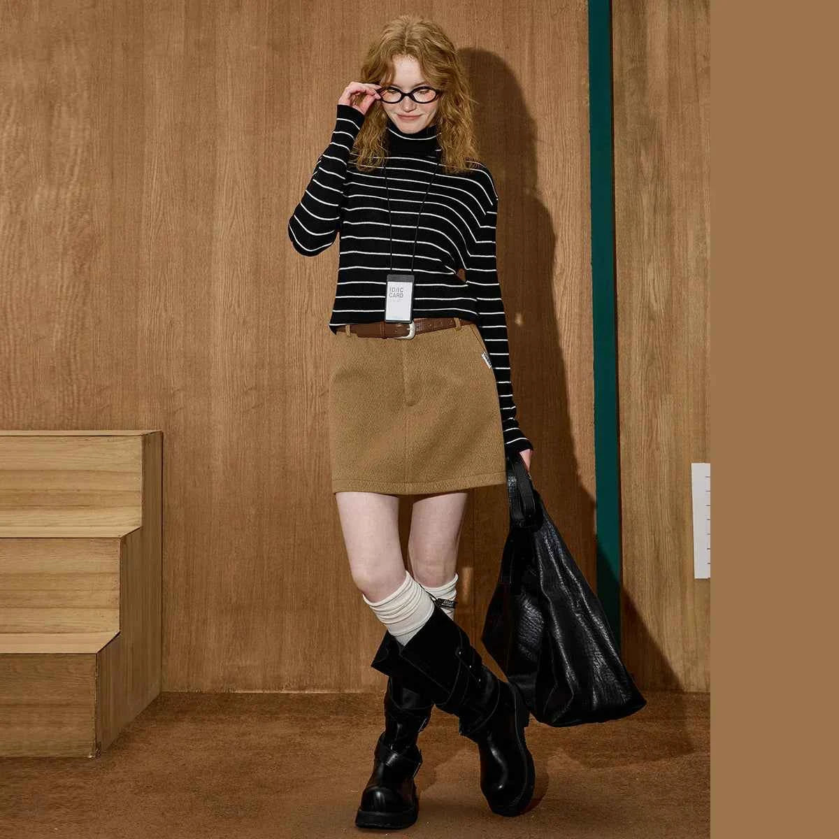 Vintage Stripe Knit High Neck Long Sleeve T-Shirt