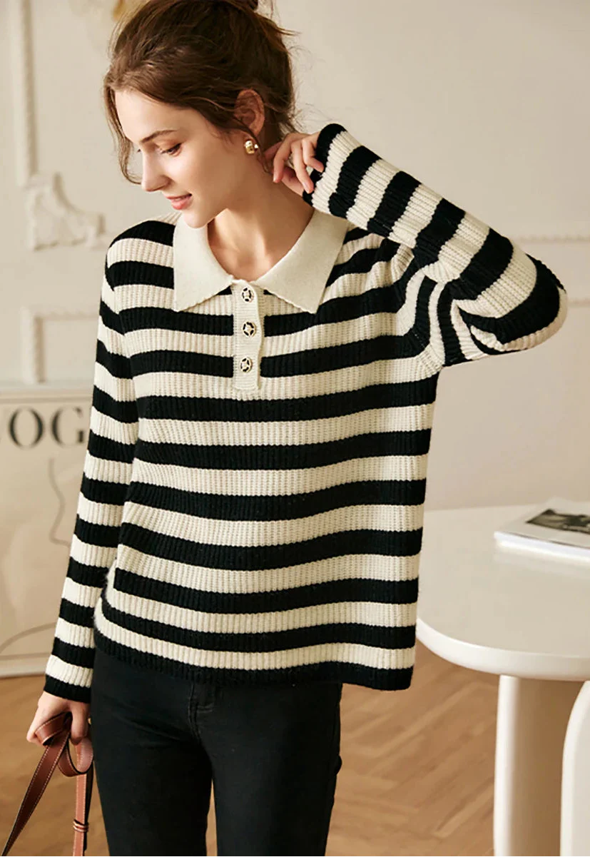 Cozy Button-Up Knitted Striped Polo Sweater - Luxuryurbanwear