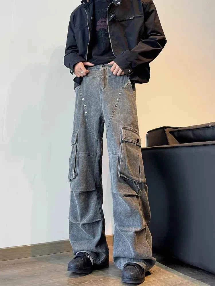 Y2K Streetwear Vintage Cyber Gray Pleated Baggy Jeans