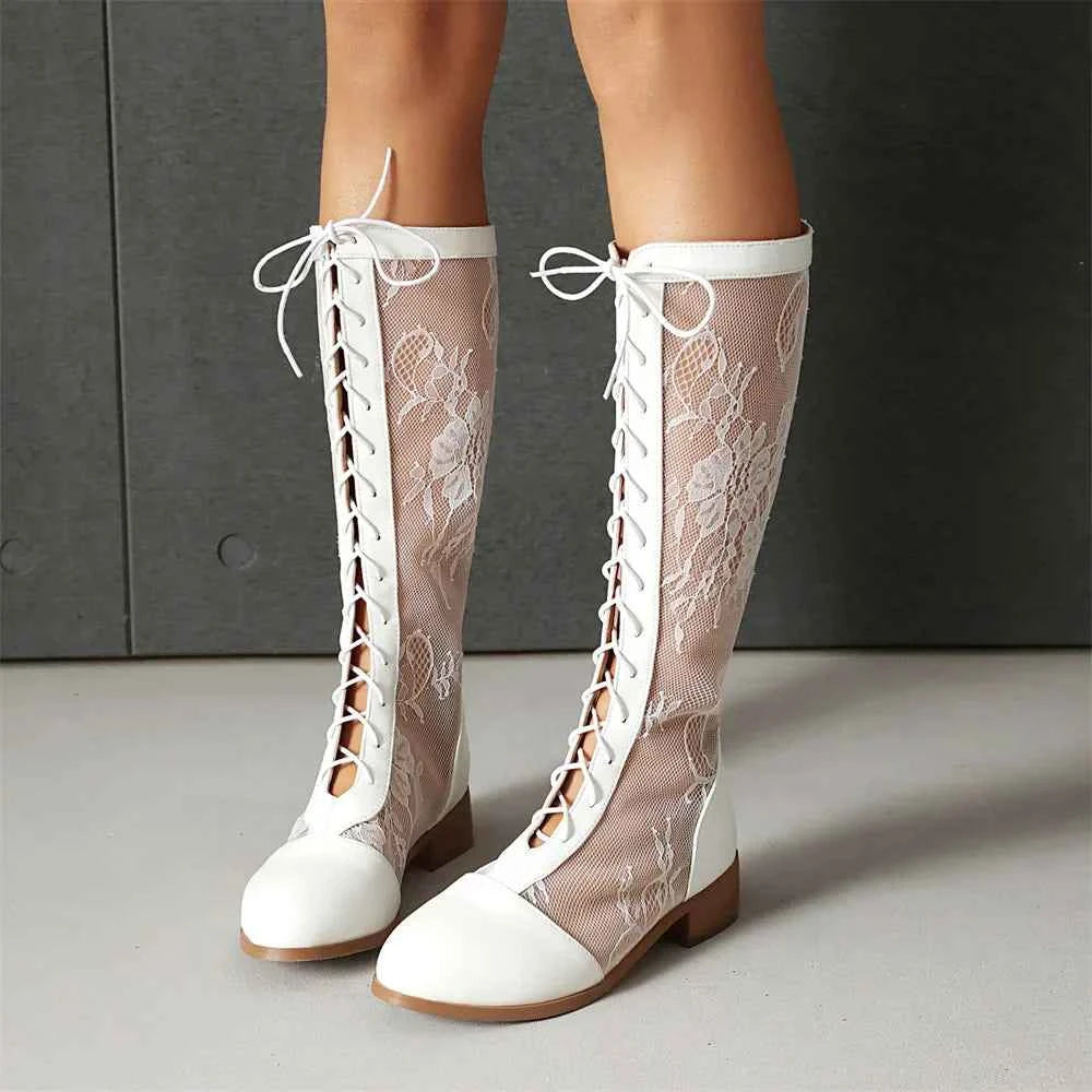 Elegant Lace-Up Sheer Floral Knee-High Boots