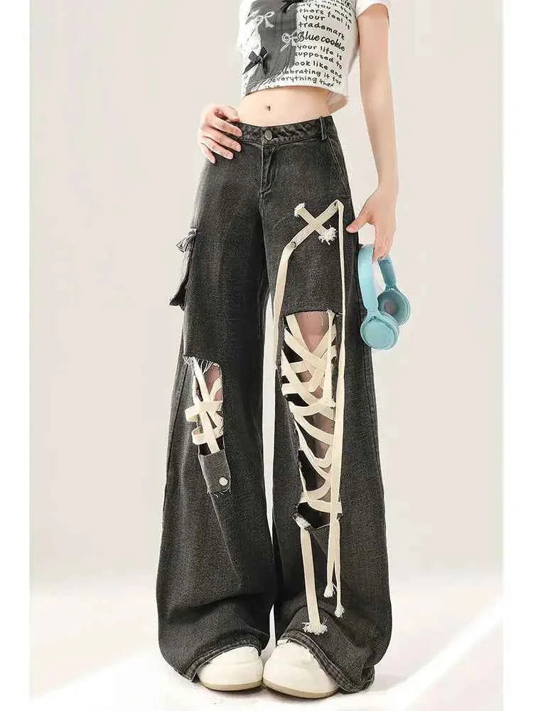 Black Strap Ripped Wide Jeans