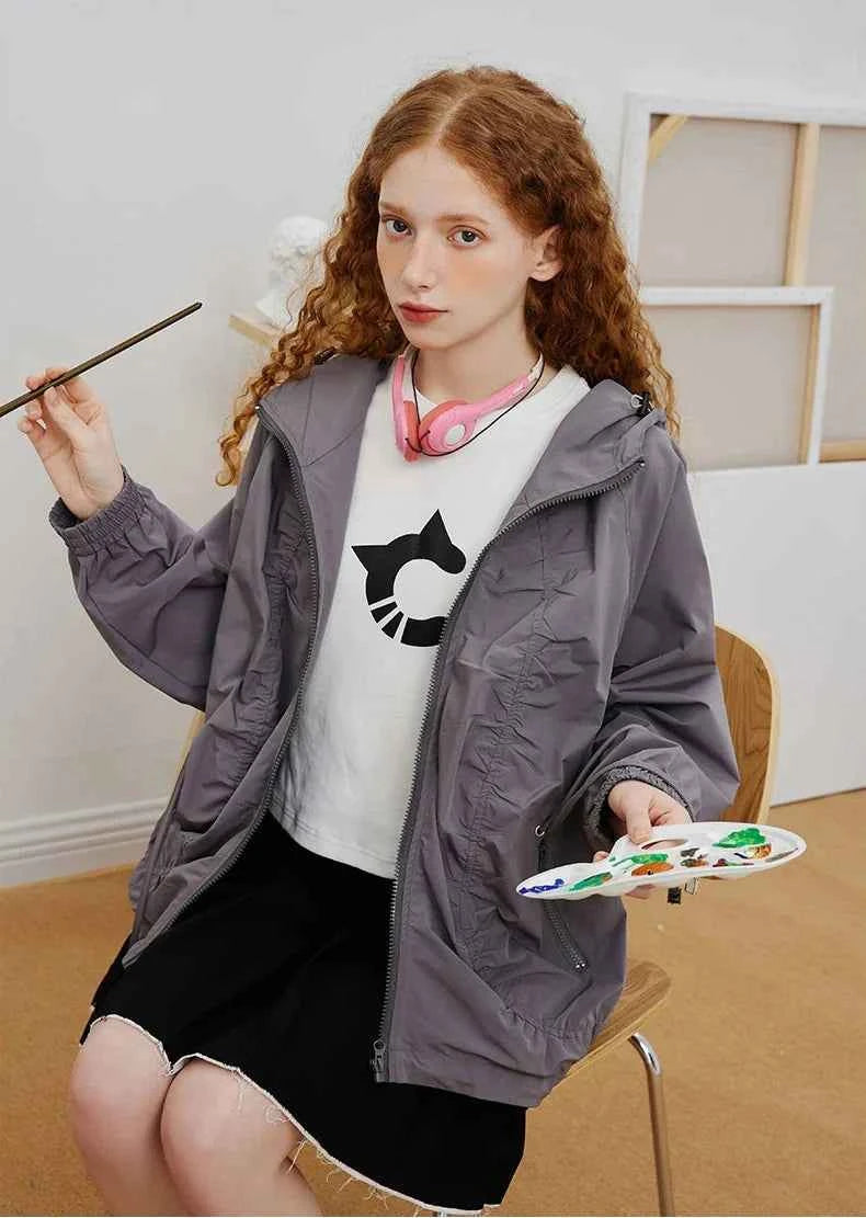 Minimalist Pleated Loose Fit Hooded Windbreaker Jacket