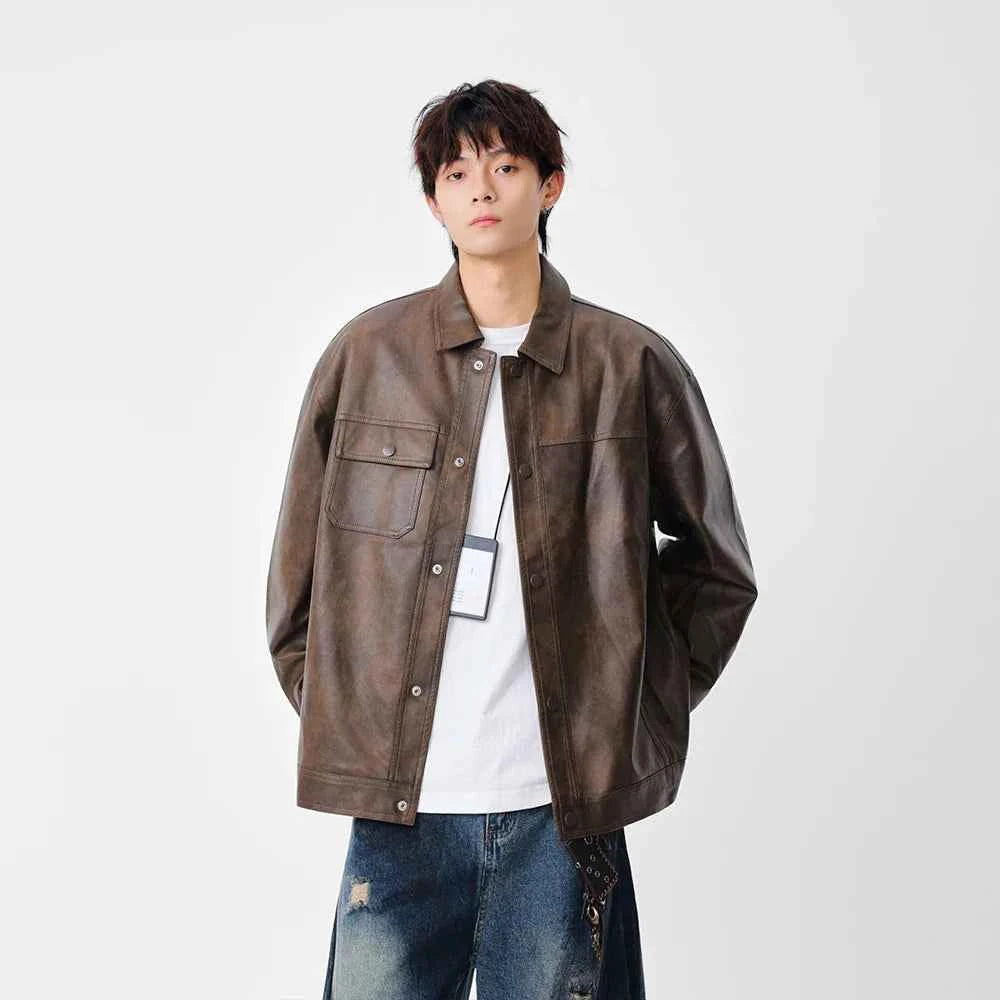 Trendy Faux Leather Lapel Button Jacket