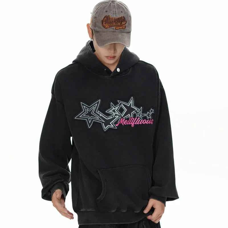 Effortless Streetwear Star Graphic Black Washed Hoodie