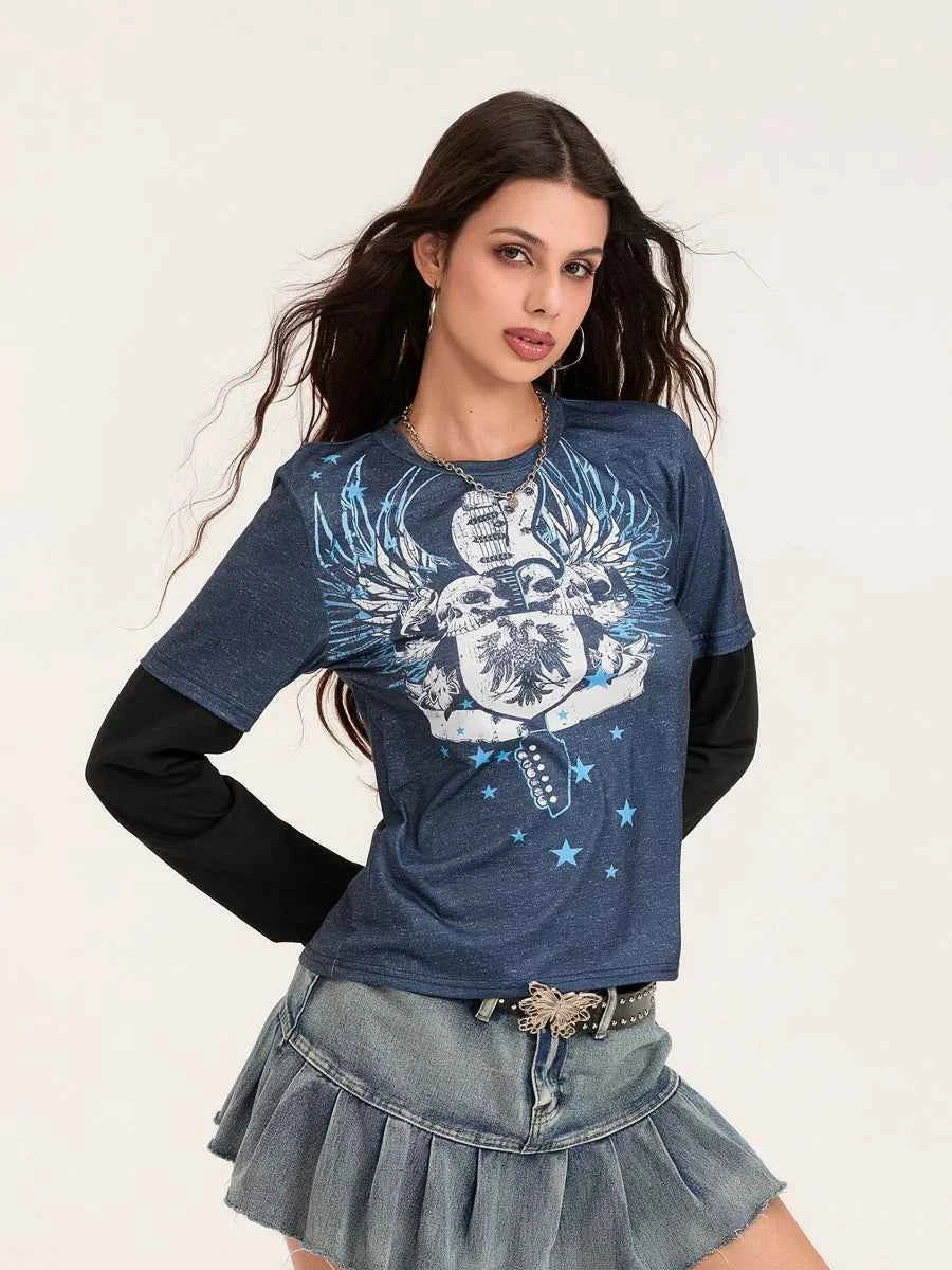 Women Patchwork Gothic Crew Neck T-Shirt