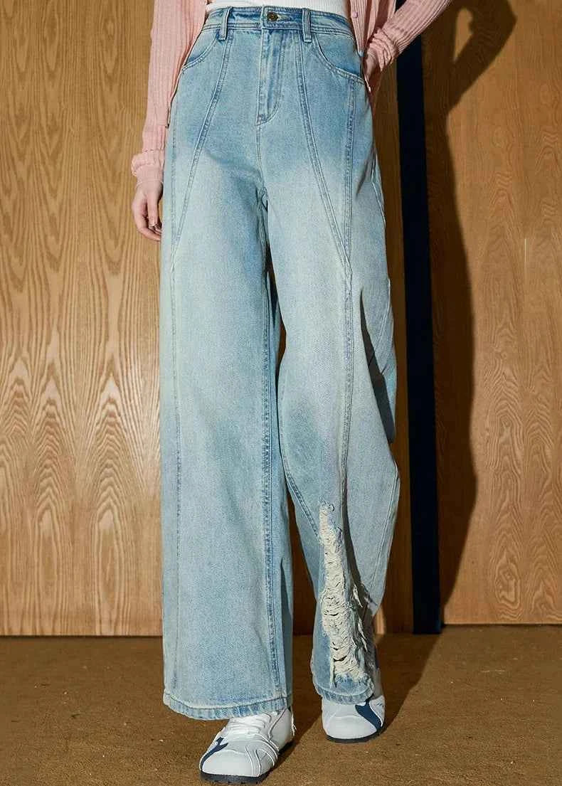 Durable High Waist Distressed Straight Leg Jeans
