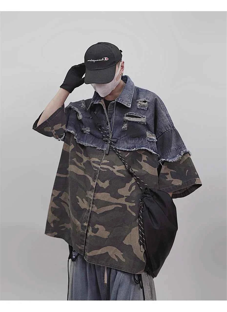 Vintage Camouflage Splicing Denim Shirt