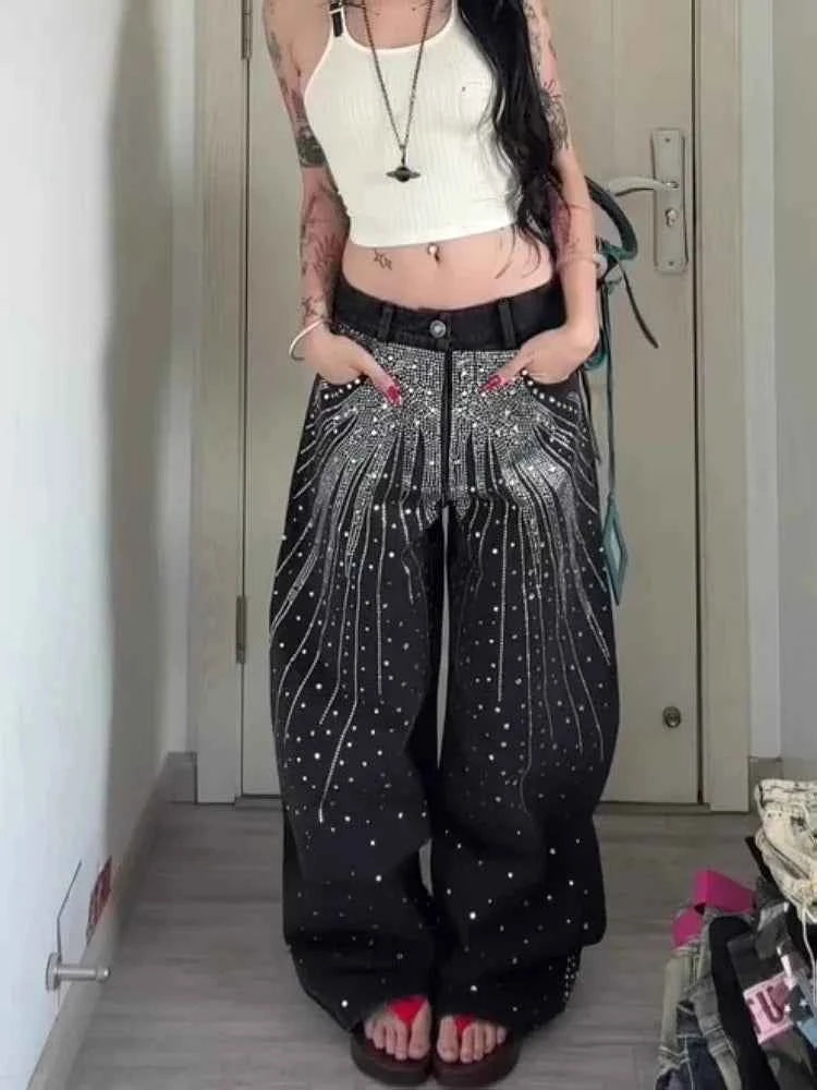 High quality rhinestone wide fit Jeans