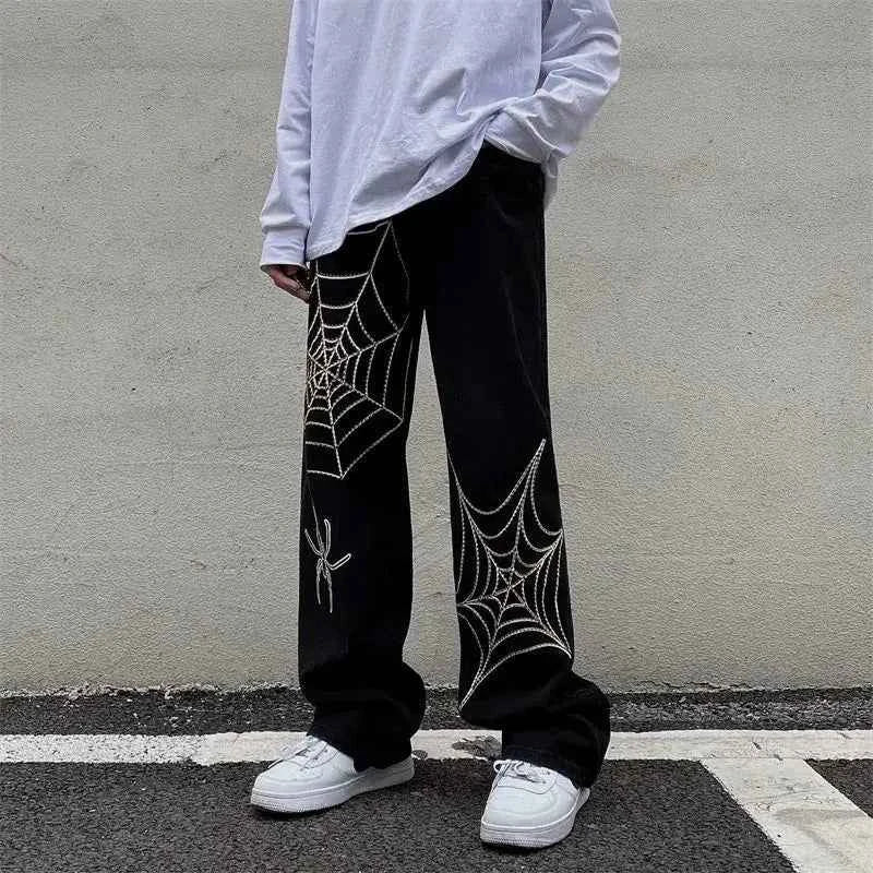 Vintage Spider Streetwear Black Wide Leg Pants
