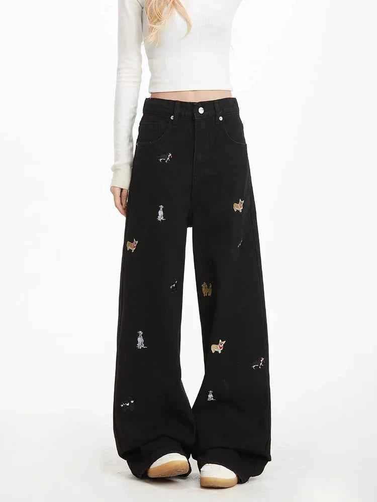 Cool Vintage American Puppy Embroidered Wide Jeans
