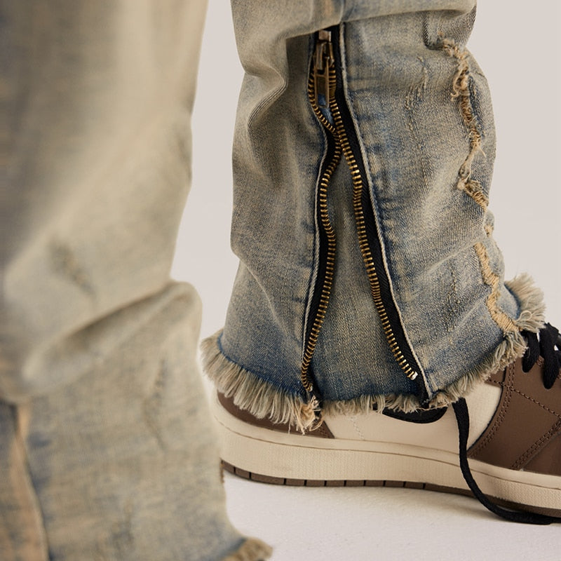 Retro Distressed Ankle Zipper Style Pants