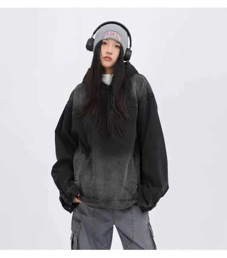 Streetwear American Style Retro Long Sleeve Denim Hoodie