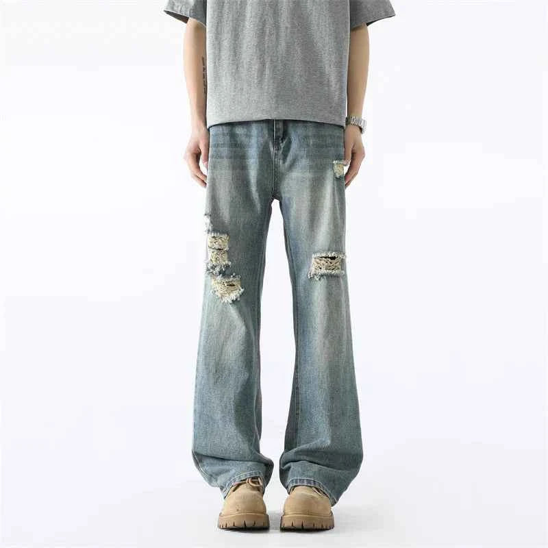Vintage Streetwear Scratched Blue Ripped Jeans