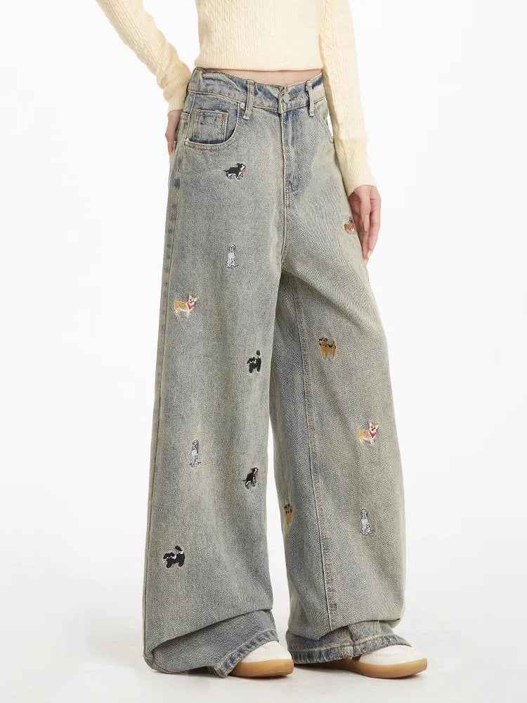Cool Vintage American Puppy Embroidered Wide Jeans