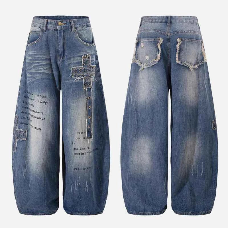 Vintage Patchwork Design Ripped Wide Leg Jeans