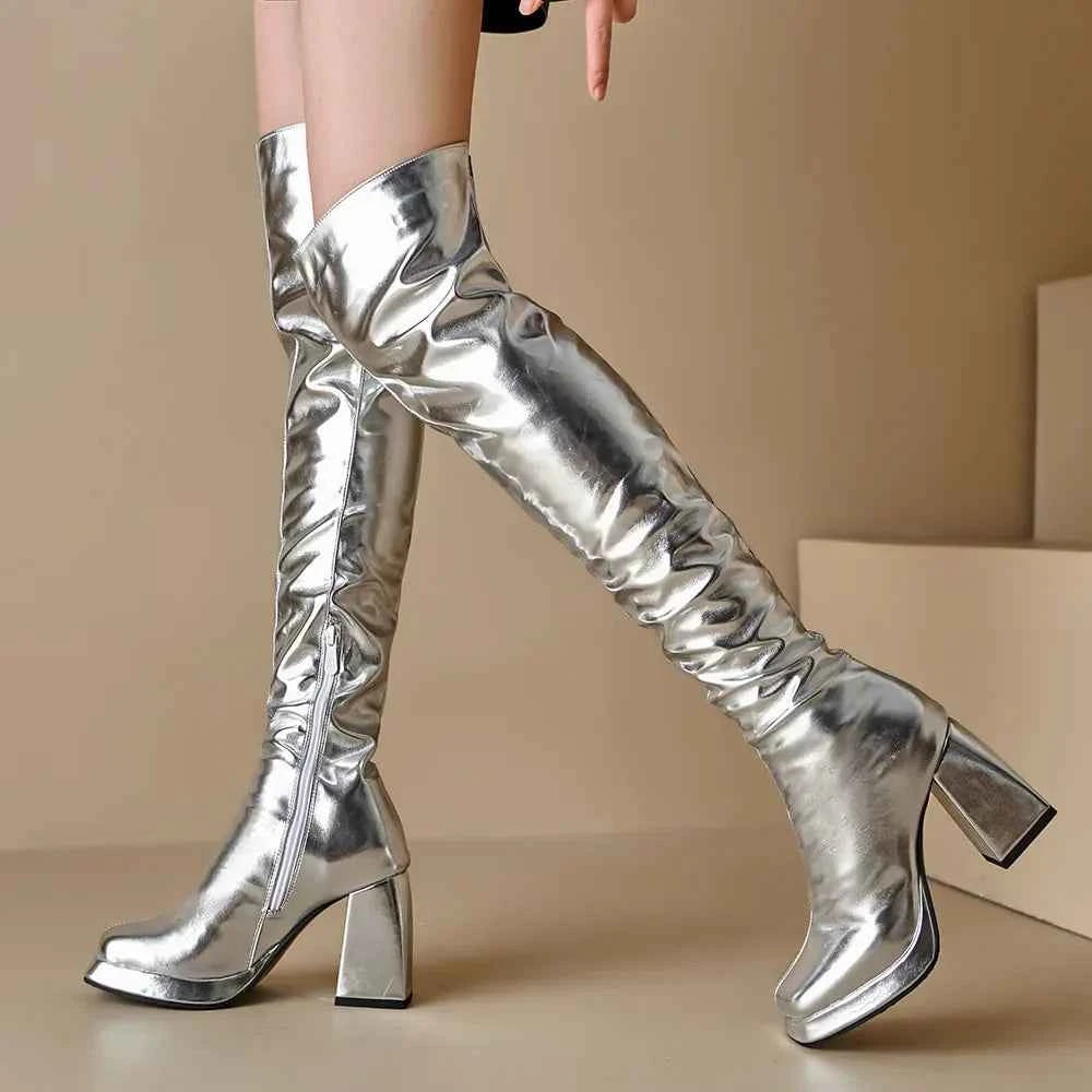 Winter Block High Heels Metallic Zipper Boots