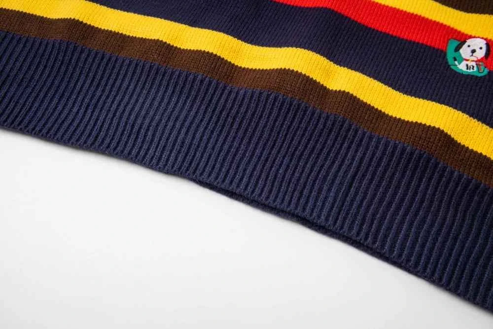 Embroidered Crew Neck Collar Contrast Paneled Striped Sweater